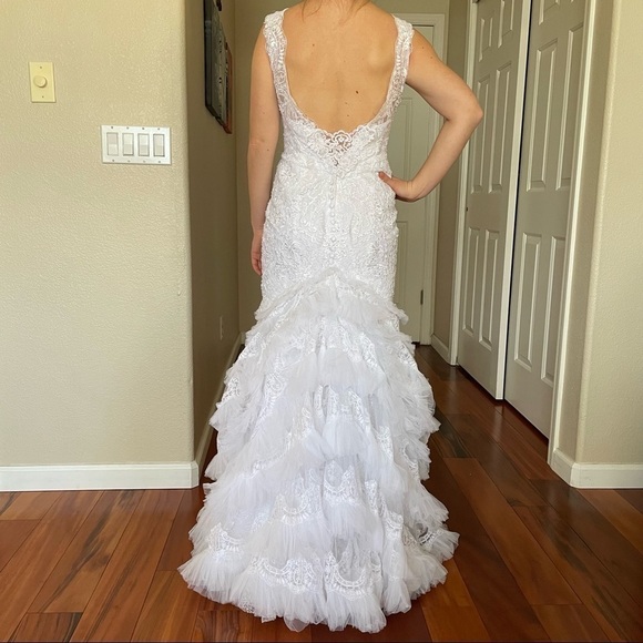 GALINA SIGNATURE Floral Ruffle Lace Beads Fit and Flare Wedding Maxi Dress Sz 0 - Picture 9 of 16